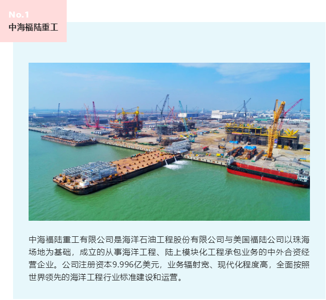 中海福陸重工有限公司是海洋石油工程股份有限公司與美國(guó)福陸公司以珠海場(chǎng)地為基礎(chǔ)，成立的從事海洋工程、陸上模塊化工程承包業(yè)務(wù)的中外合資經(jīng)營(yíng)企業(yè)。公司注冊(cè)資本9.996億美元，業(yè)務(wù)輻射寬、現(xiàn)代化程度高，全面按照世界領(lǐng)先的海洋工程行業(yè)標(biāo)準(zhǔn)建設(shè)和運(yùn)營(yíng)。